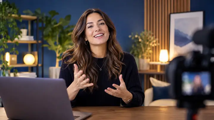 Stratège de contenu souriant pendant l’enregistrement d’une leçon, studio professionnel lumineux, miniature vidéo éditoriale.