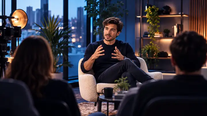 Fondateur expliquant une stratégie de croissance d’entreprise dans un studio d’enregistrement contemporain, miniature vidéo éditoriale.