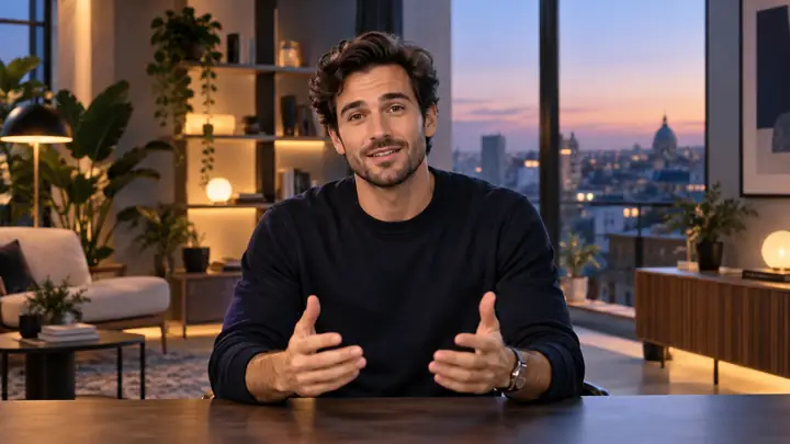 Créateur professionnel parlant face caméra dans un studio moderne baigné d’une lumière chaleureuse, à la fois sûr de lui et accessible, cadrage cinématographique en plan large.